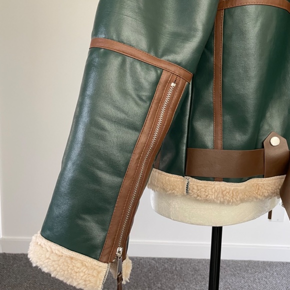 Bida Faux Shearling/Leather Green & Brown Bomber Jacket. Size M - Picture 10 of 16